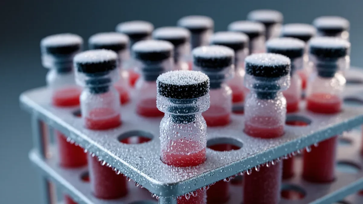 Frozen blood sample vials in a labeled laboratory rack