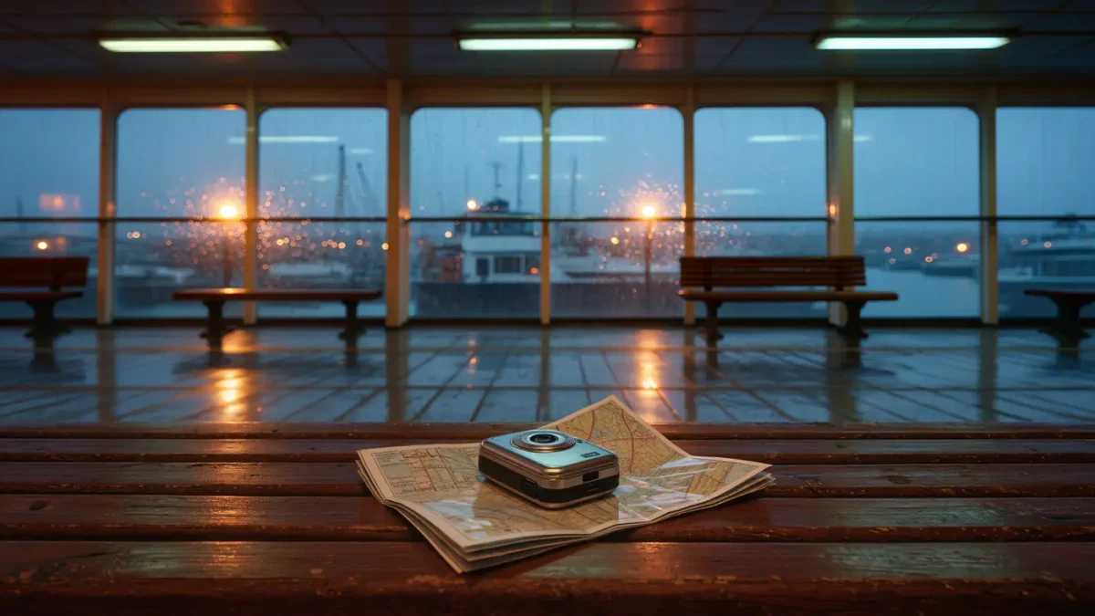 Compact pocket camera on a bench inside a rainy ferry terminal at dusk