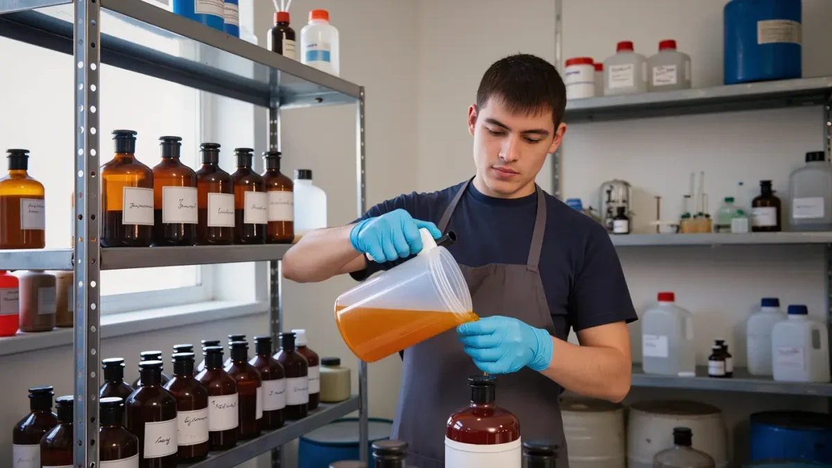 Worker filling brown bottles with developer concentrate in lab