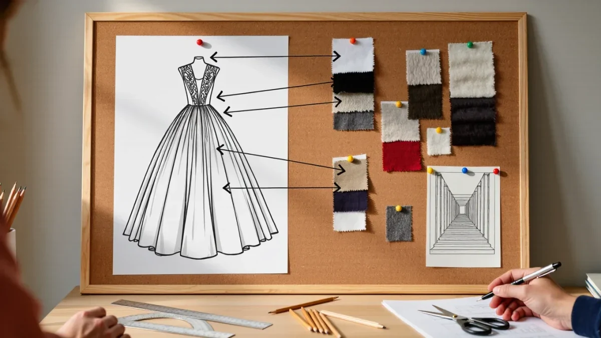 Corkboard diagram deconstructing a couture gown silhouette with swatches and callout lines