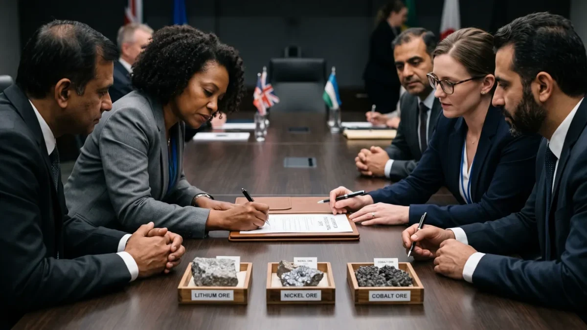 Negotiators initialing a minerals accord over sample ore trays