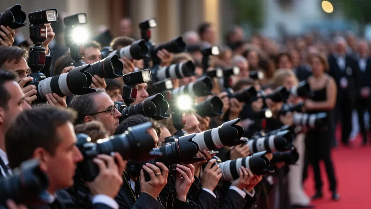 Photographers with raised cameras flash-photographing formally dressed guests at an awards press line