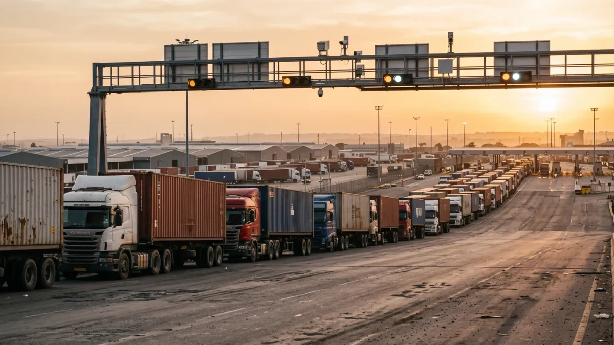 Freight trucks queued at a border crossing in morning light