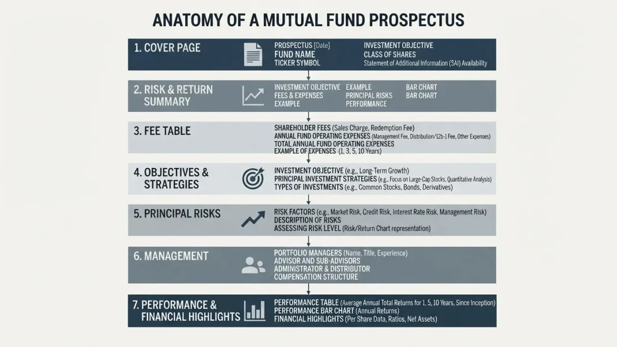 Vertical flowchart of the main disclosure sections inside a fund prospectus