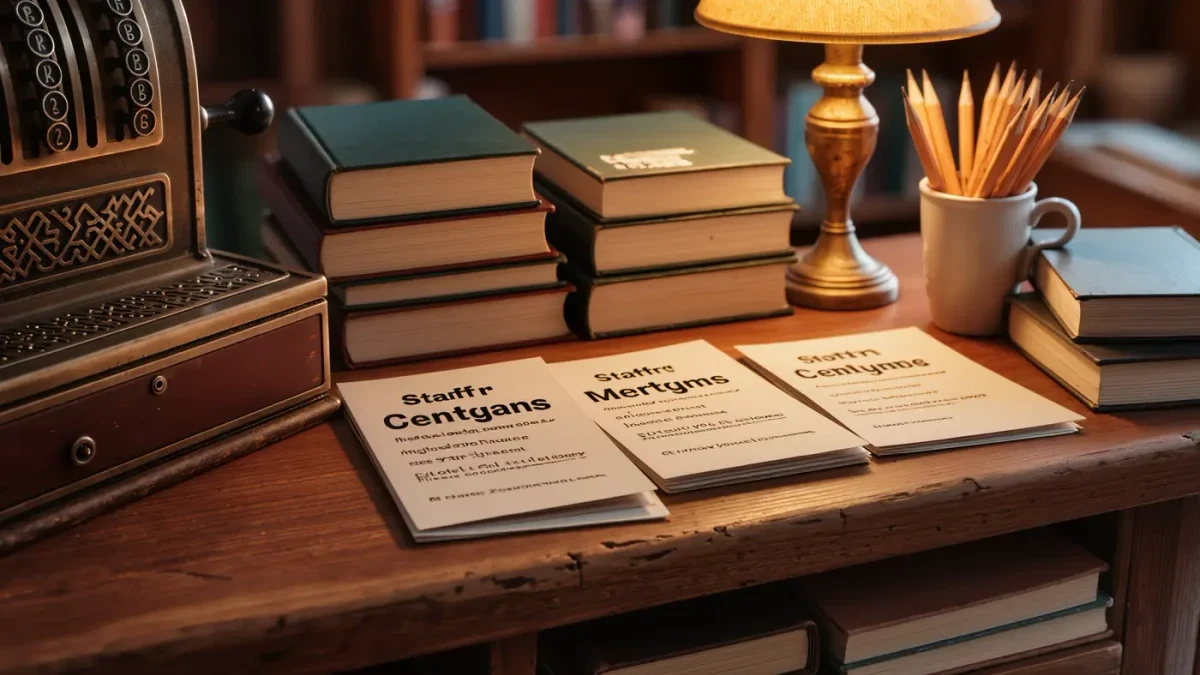 Wooden bookstore counter with hand-written staff pick cards