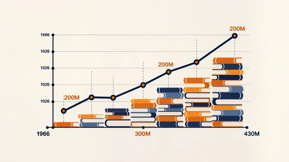 Clean editorial chart of cumulative children's books distributed since 1966