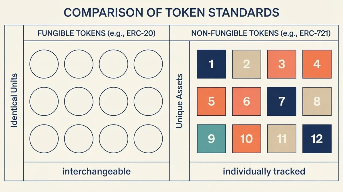 Infographic contrasting identical fungible tokens with unique non-fungible ones