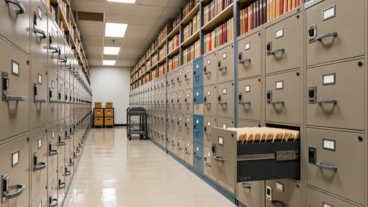 Document shelves of filed nonprofit annual reports in a records room