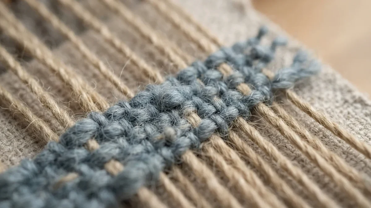 Macro photo of two differently colored threads woven together
