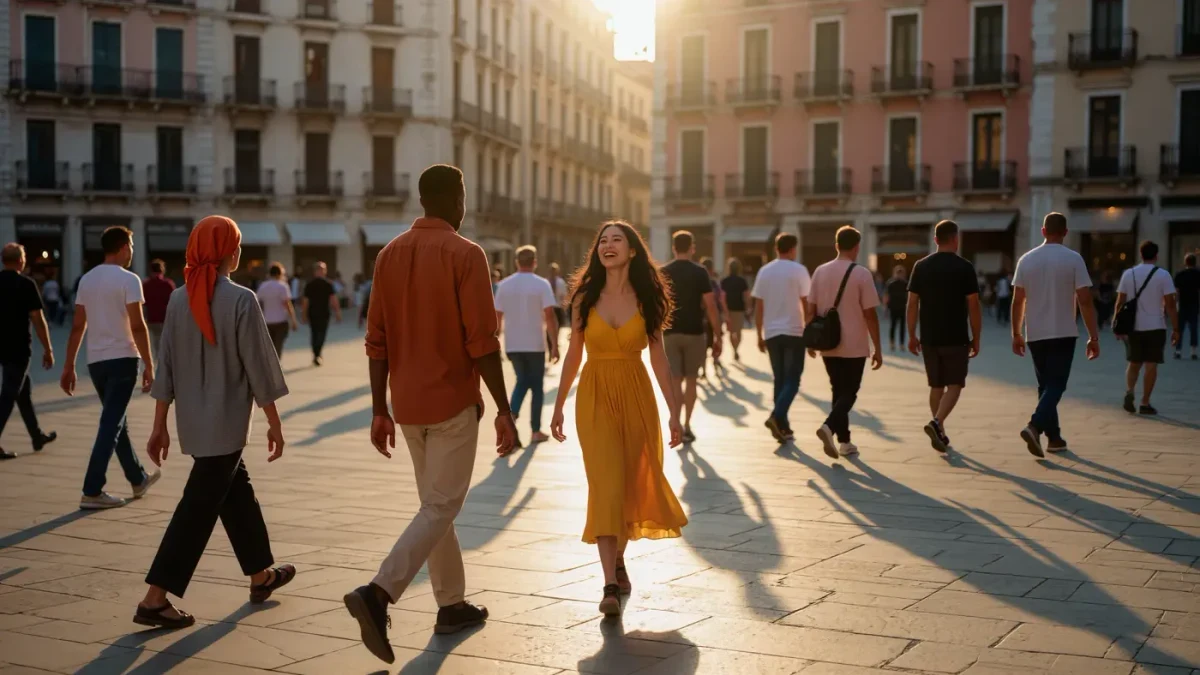 Diverse people in marigold and amber summer clothes crossing a sunlit city square during golden hour