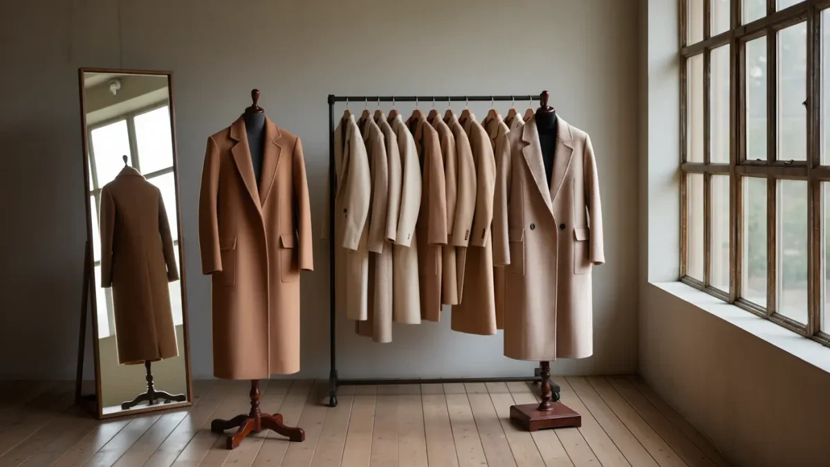 Empty tailor's fitting room with one coat on a stand and a rail of neutral garments