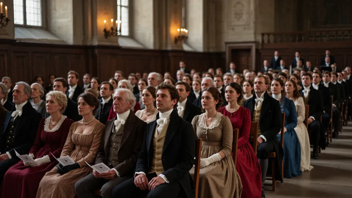 Concertgoers in a candlelit nineteenth-century hall reading printed programmes