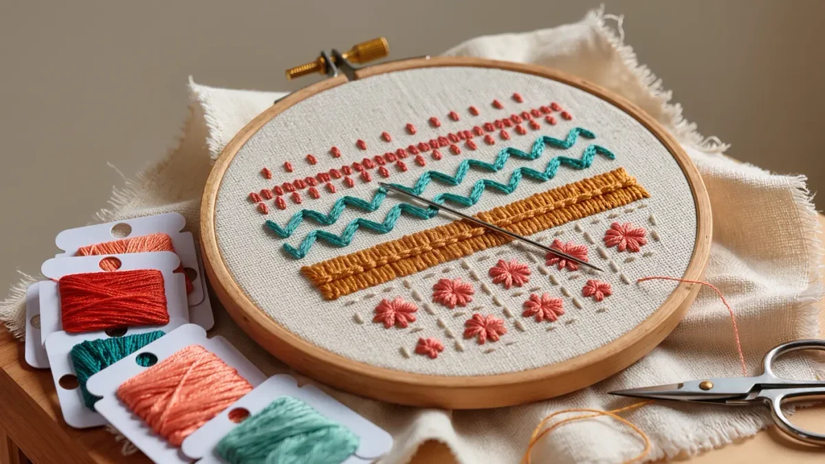 Embroidery hoop with a colourful stitch sampler in progress on cotton