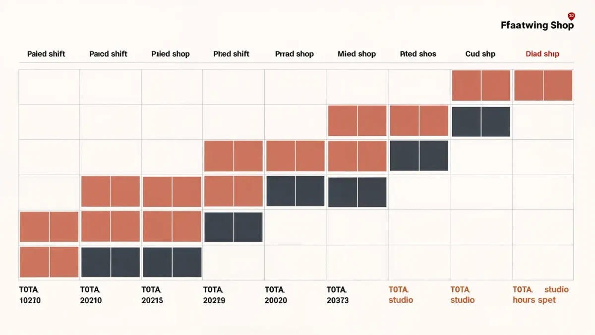 Weekly calendar infographic contrasting paid shifts and studio hours