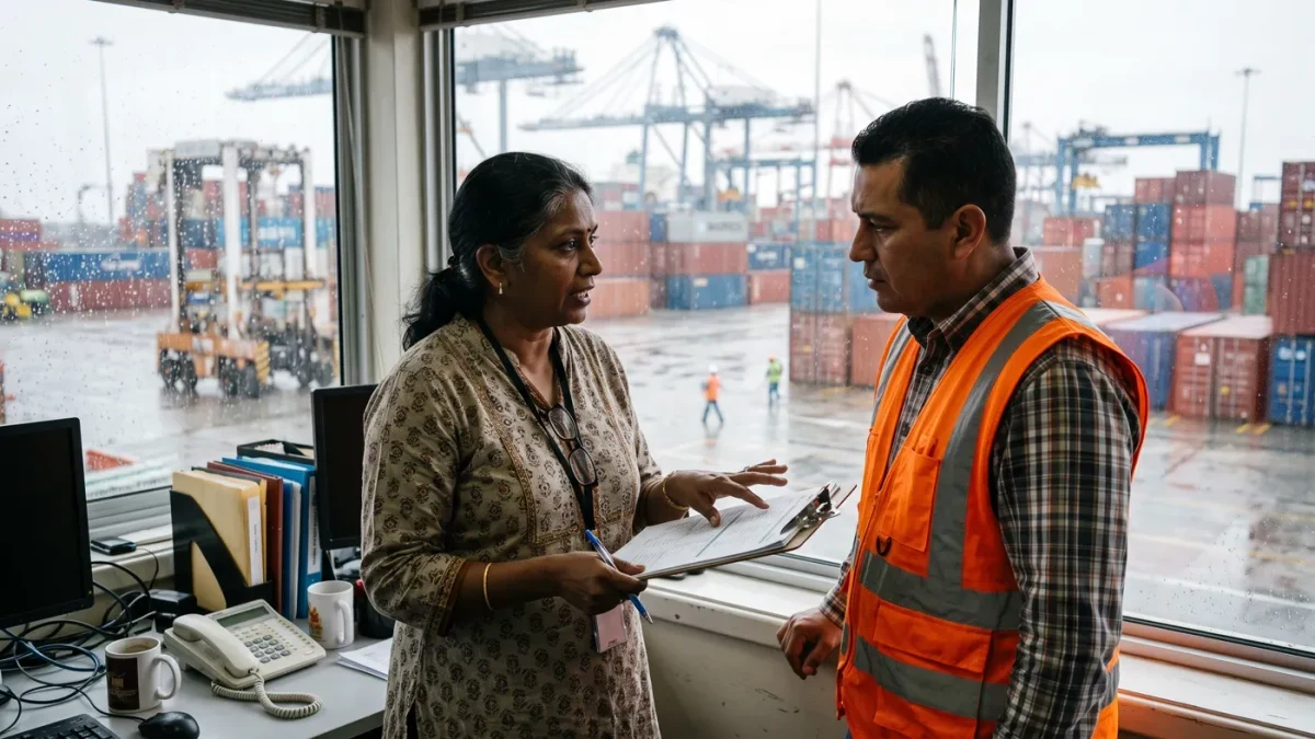 Customs broker reviewing entry paperwork beside container cranes at a port