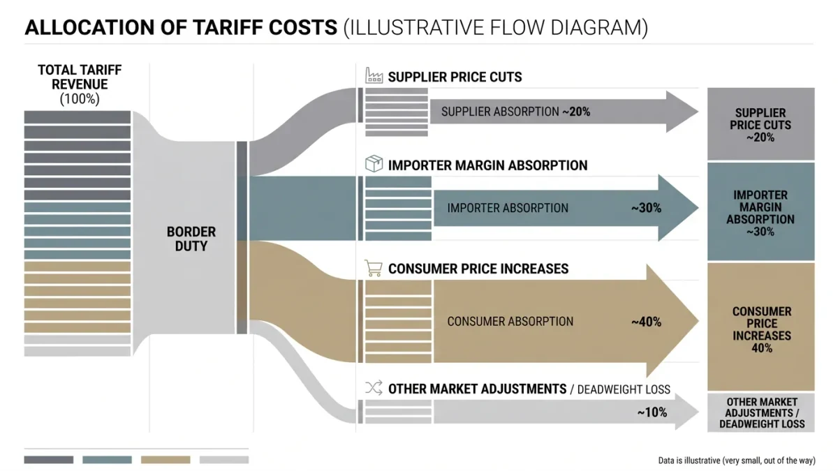 Infographic of tariff cost flowing from border to importer to consumer