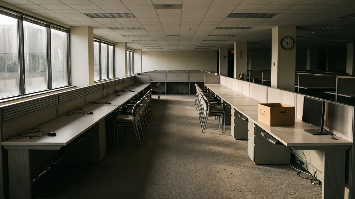 Empty rows of desks in a federal office after workforce reduction
