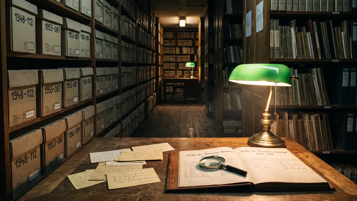 Archive stacks with document boxes and index cards under reading-room lamps