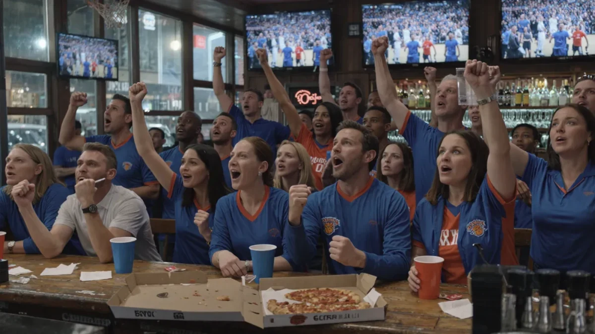 Basketball fans packed into a New York bar watching a Finals game