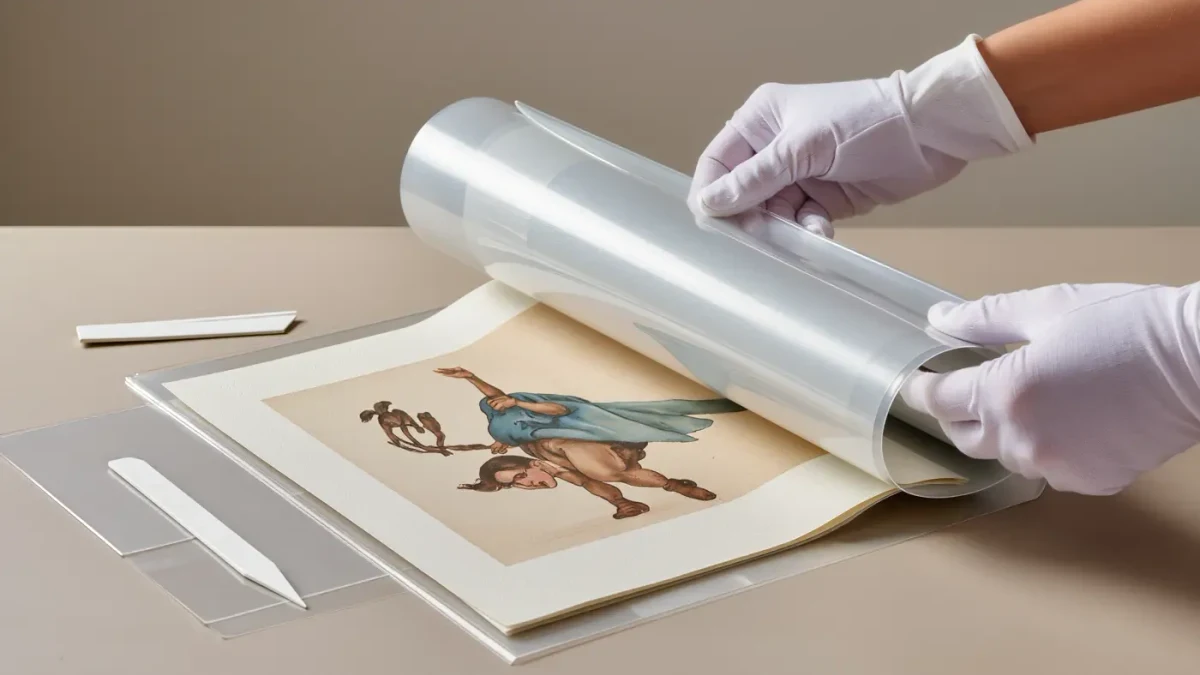 Hands in cotton gloves sliding an original artwork into a clear archival sleeve