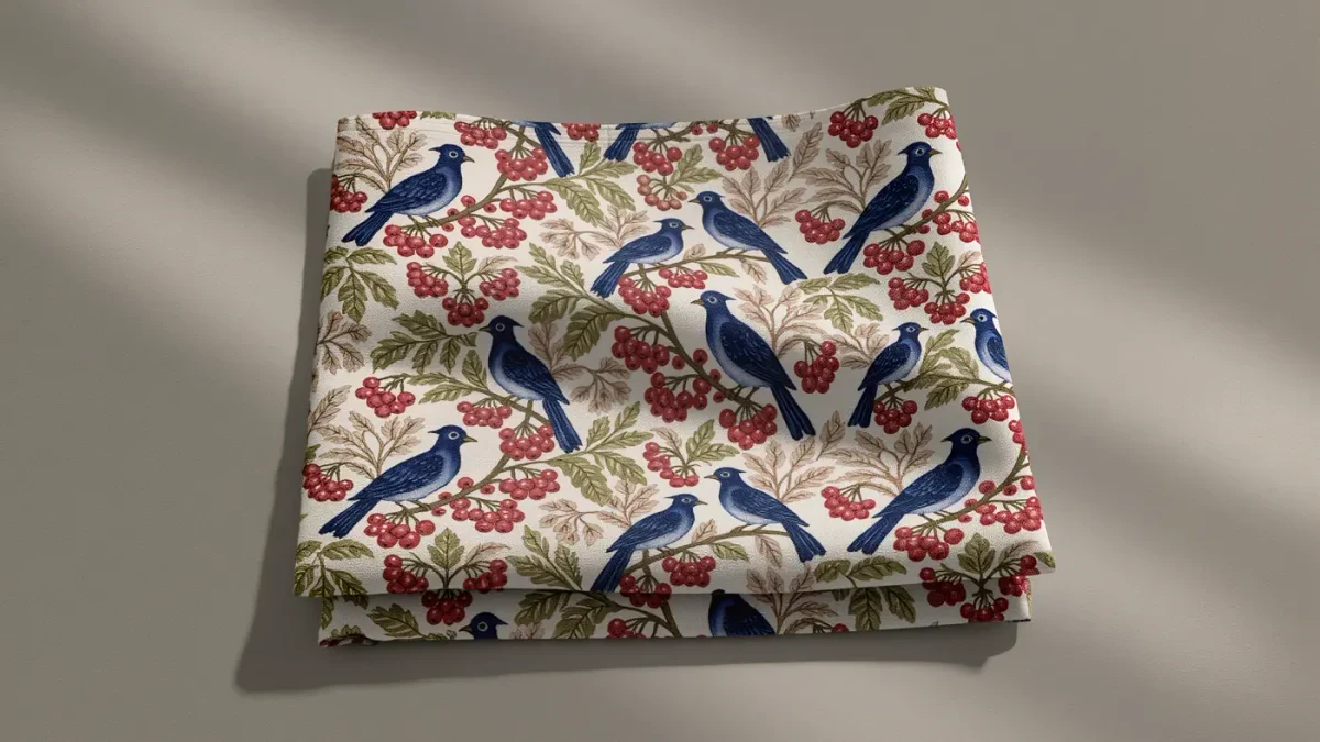 Close view of indigo cotton fabric printed with small birds among foliage and berries