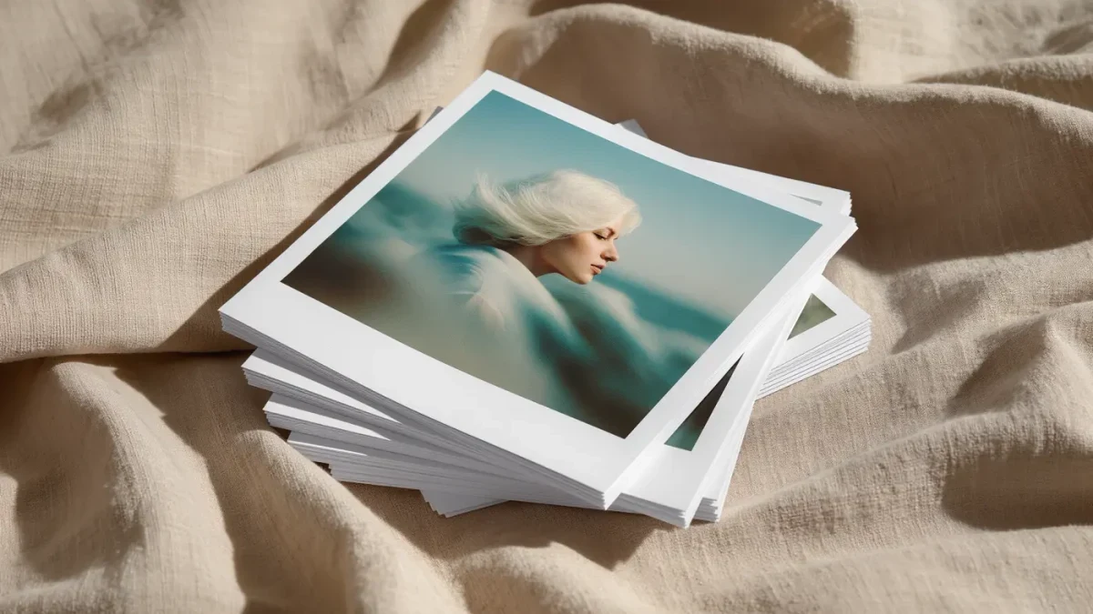 Fanned stack of square photo cards on a linen surface in studio light