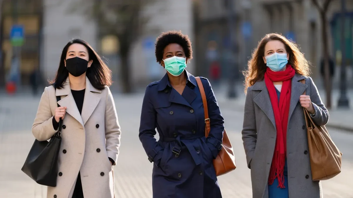 Women commuting to work on a city sidewalk at morning rush hour