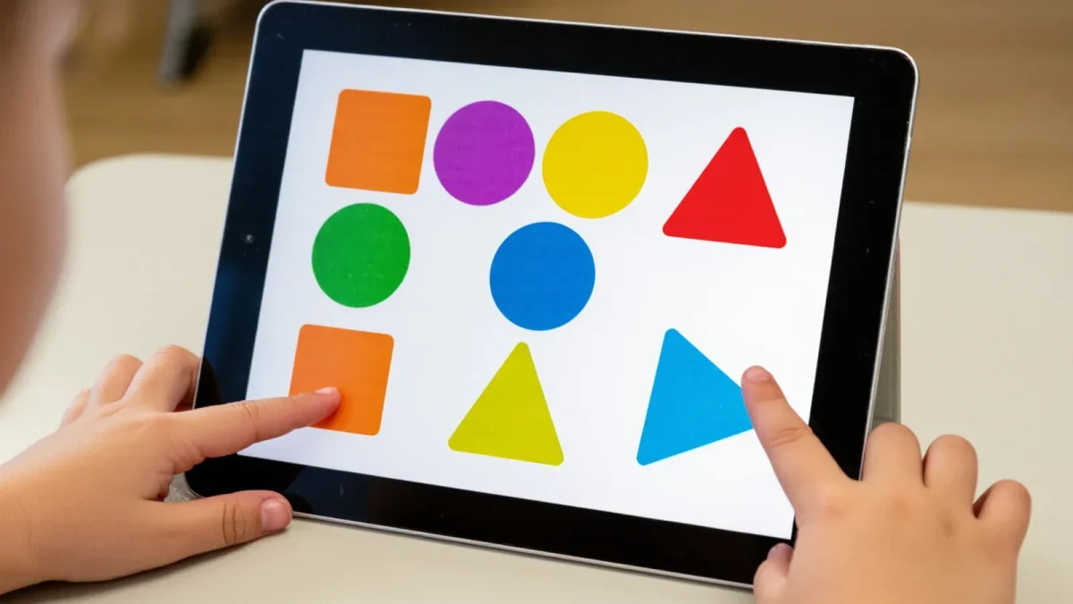 Close-up of a child's hands using a classroom tablet
