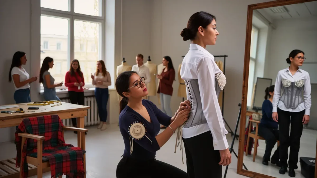 Fitter lacing a corset bodice on a model before a studio mirror