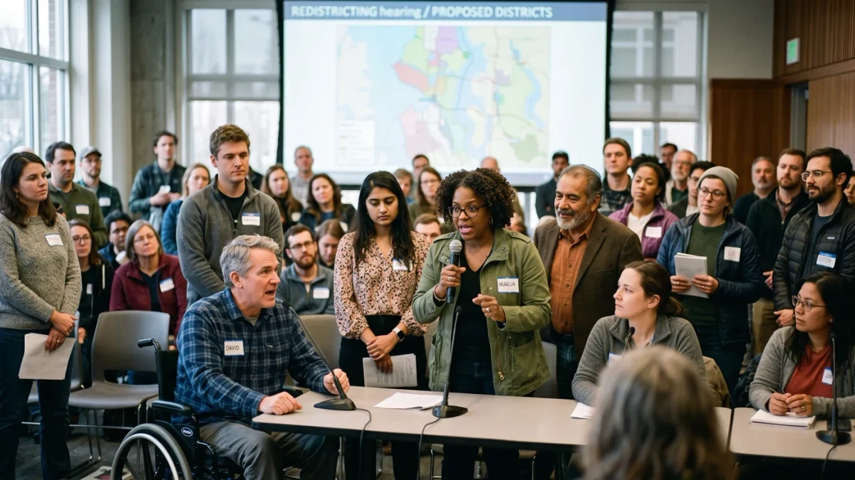 Public hearing on redistricting map with residents at microphone