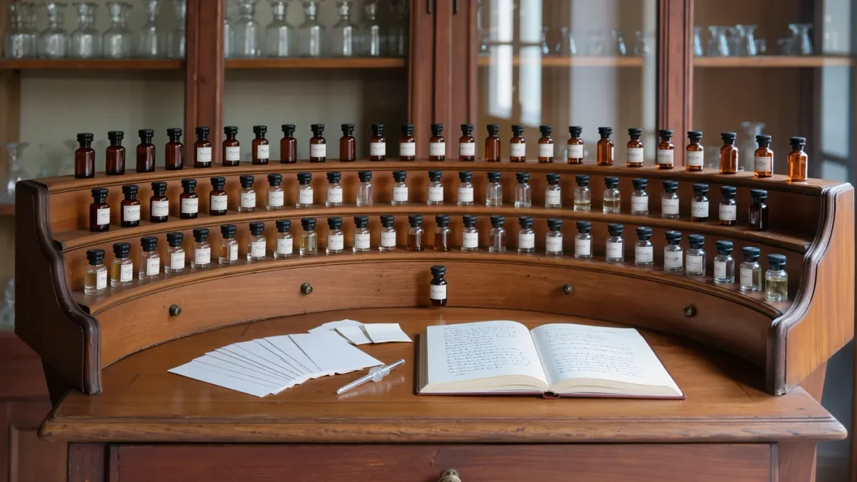 Tiered wooden desk of small amber vials lit by window light
