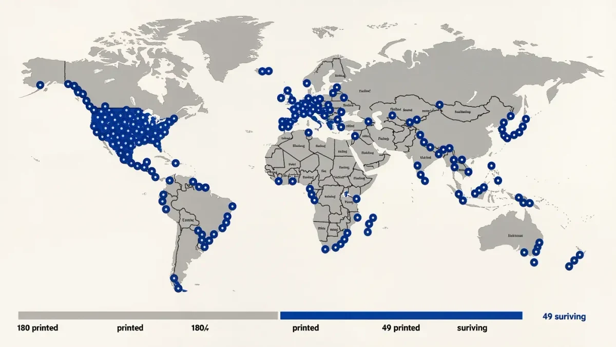 Chart mapping surviving Gutenberg Bible copies printed versus extant worldwide locations