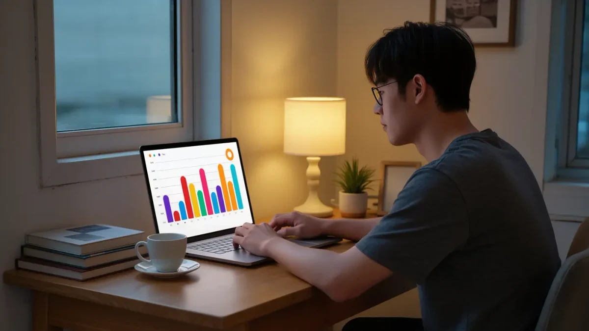 Indie author reviewing an abstract sales dashboard on a laptop