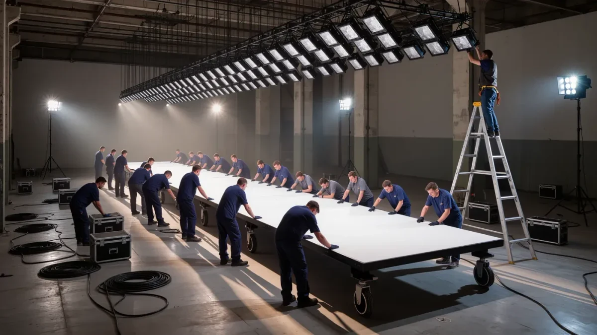 Production crew building a runway platform in a raw industrial space