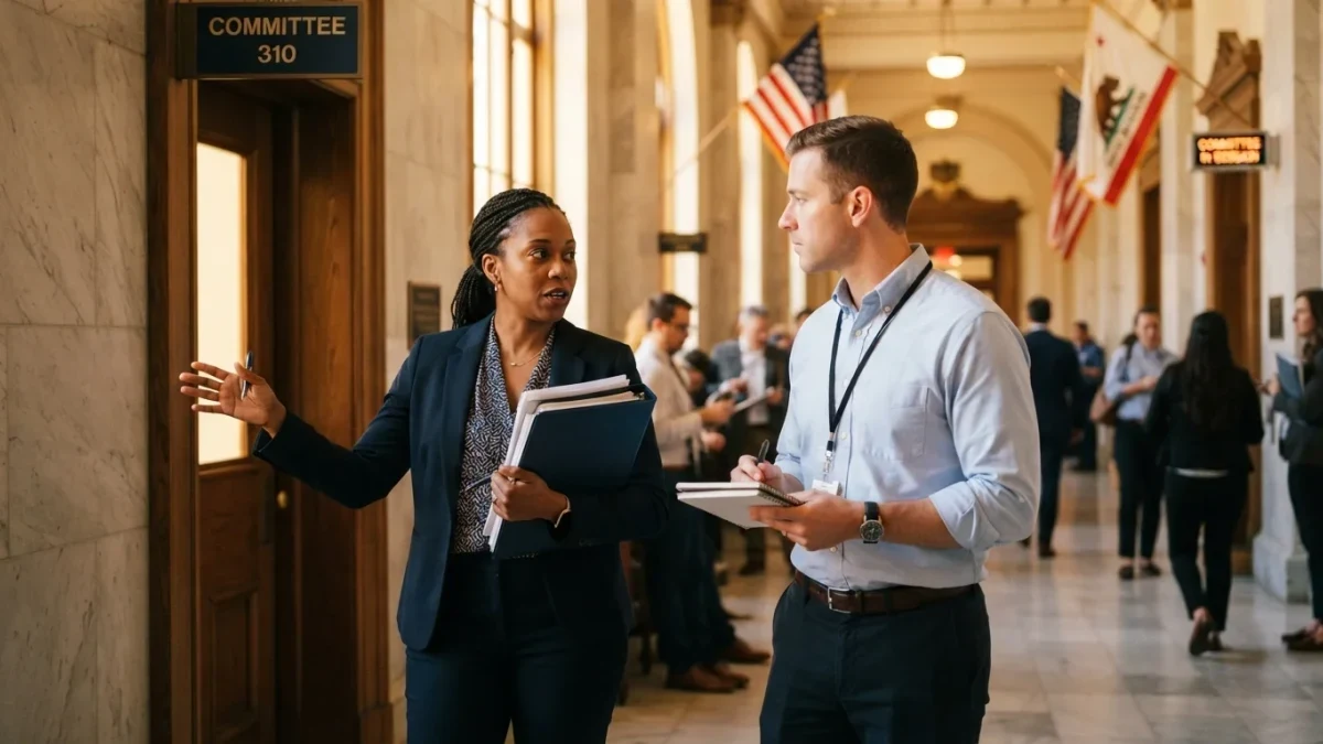 Legislative staffers conferring in a capitol corridor