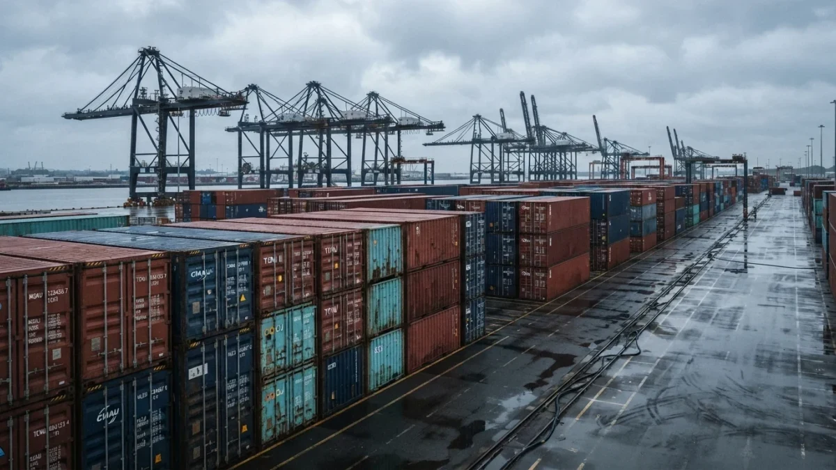Stacked shipping containers at a port terminal with cranes above
