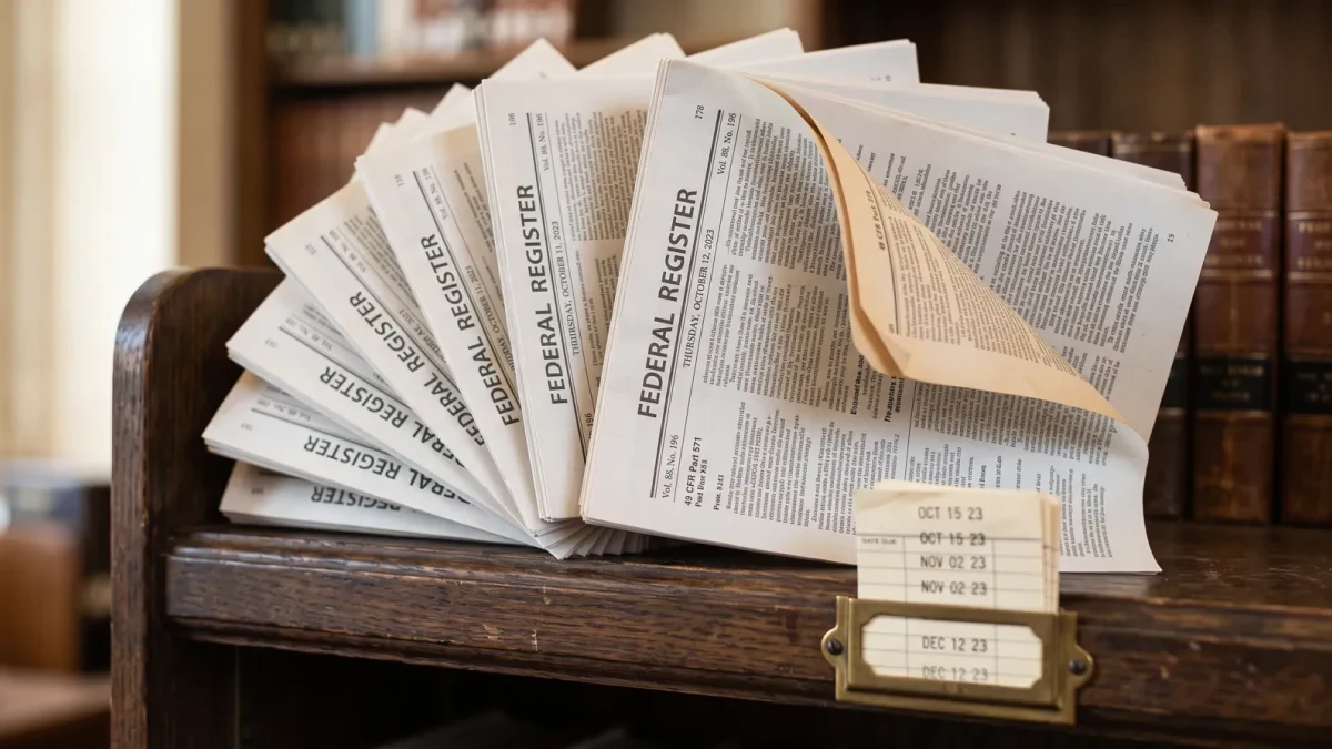 Close-up of the Federal Register stacked in a law library in autumn