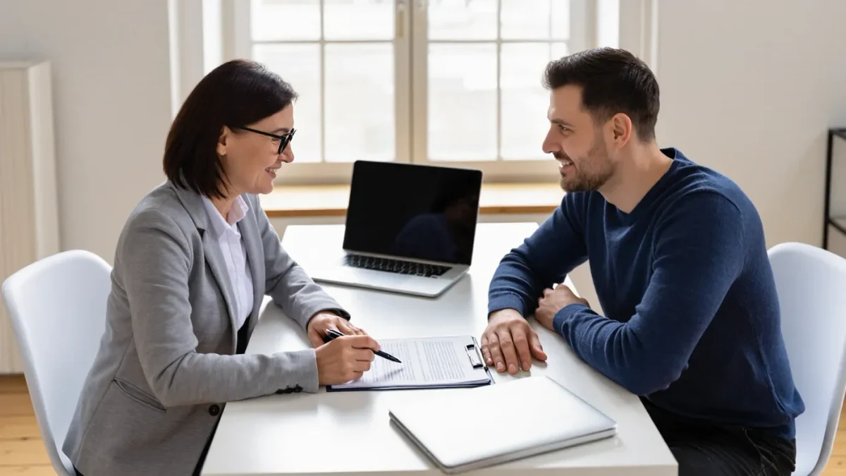Manager and creator reviewing a contract together in a meeting