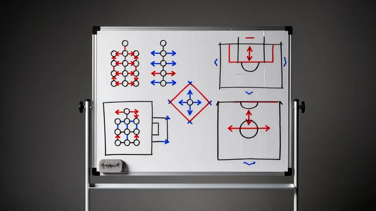 Coach's tactical whiteboard with strategy diagrams in a team office