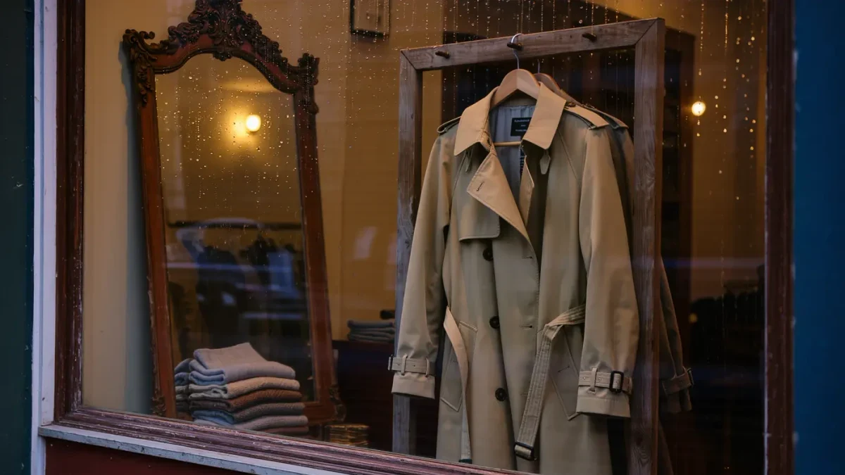 Honey khaki trench coat on wooden rack in a quiet shop window, no people