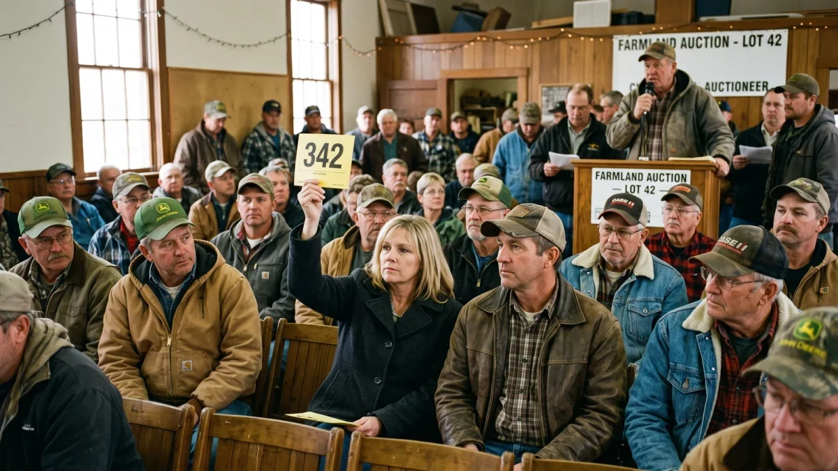 Farmers and landowners bidding at a rural farmland auction in the Midwest