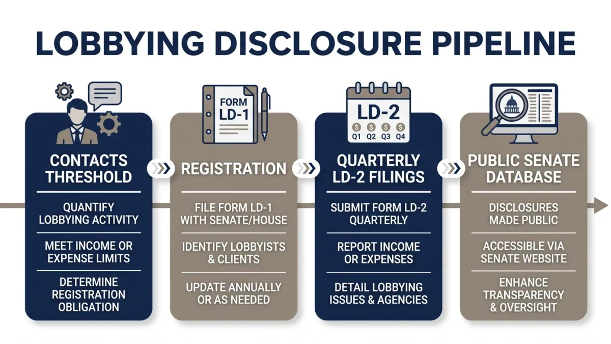 Infographic of quarterly disclosure pipeline from lobbyist to public database