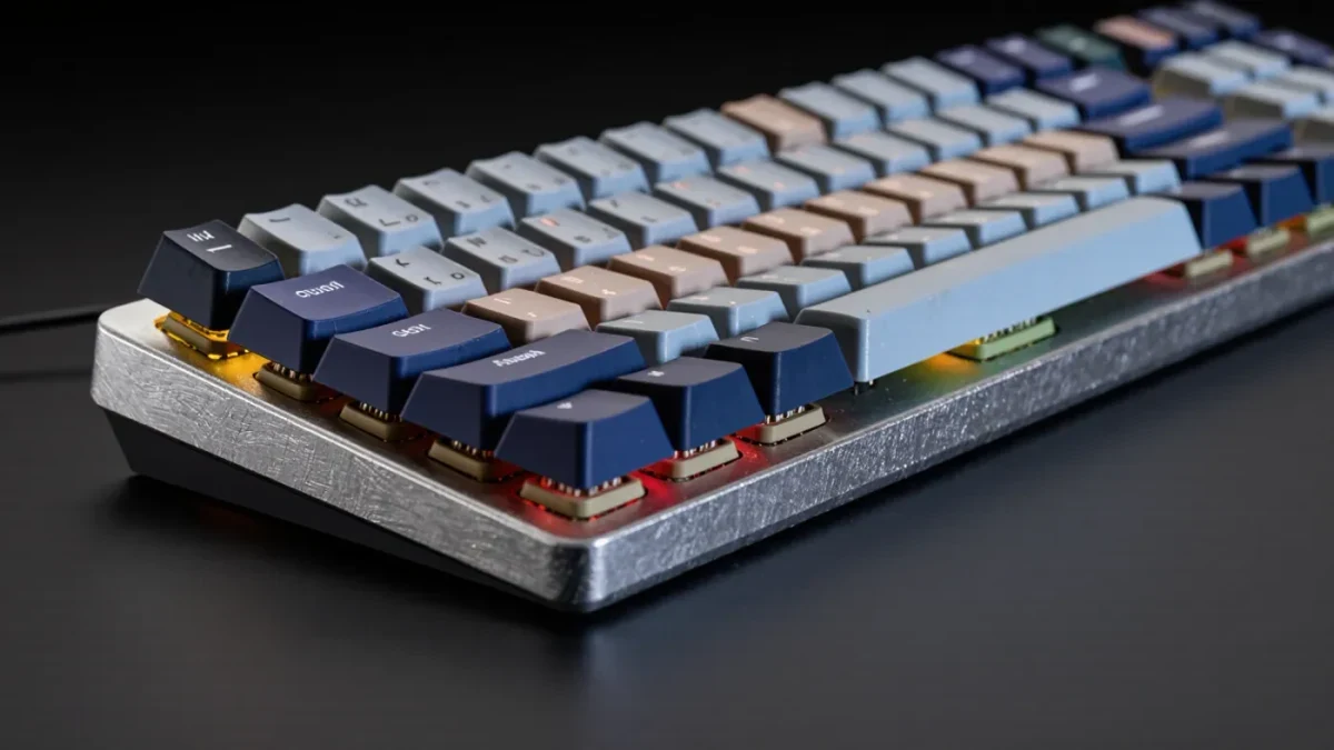 Close-up of a mechanical keyboard with blank colored editing keycaps
