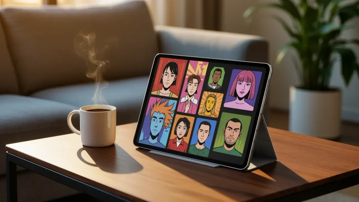 Tablet on stand beside coffee mug on living room table