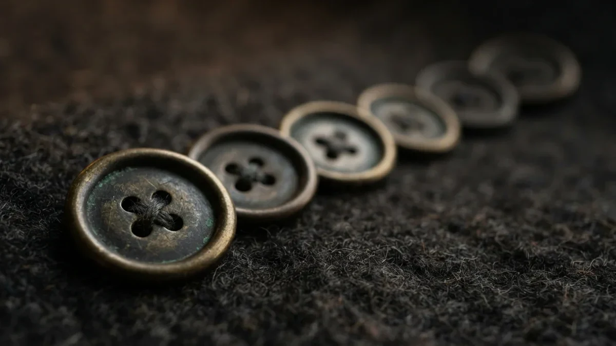 Macro photo of brass buttons in a receding diminishing row