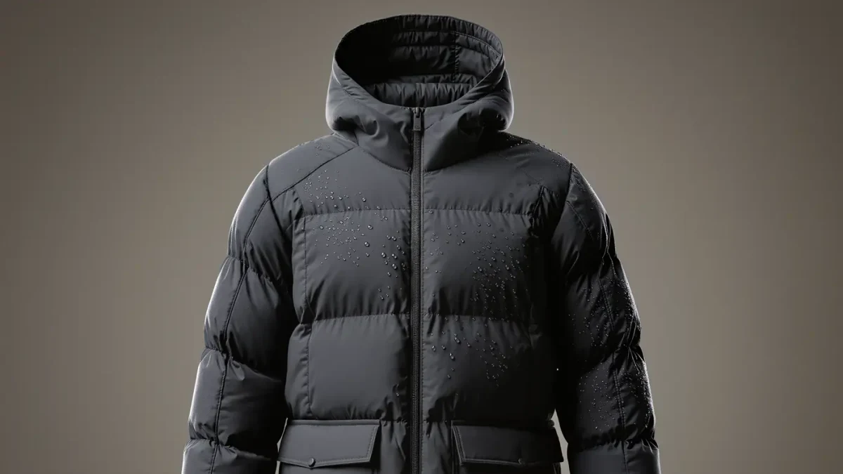 Close-up of a dark hooded down parka texture with zipper and pockets