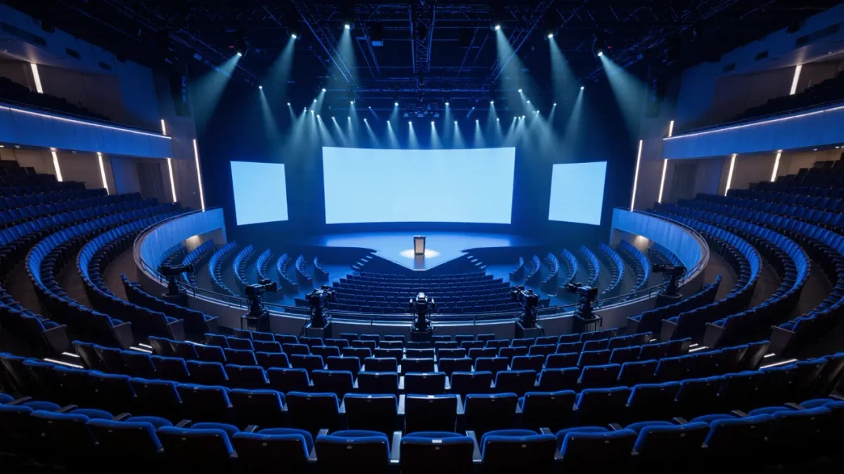 Empty auditorium stage lit for a live ceremony broadcast