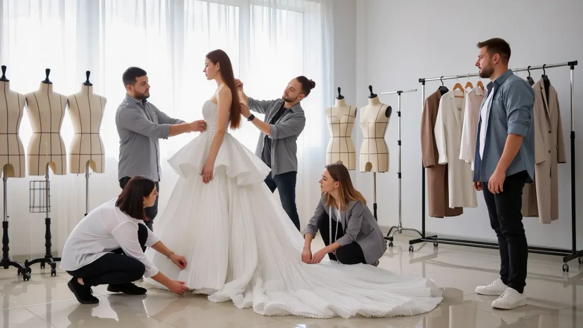 Stylist team fitting a couture sample gown in a bright studio