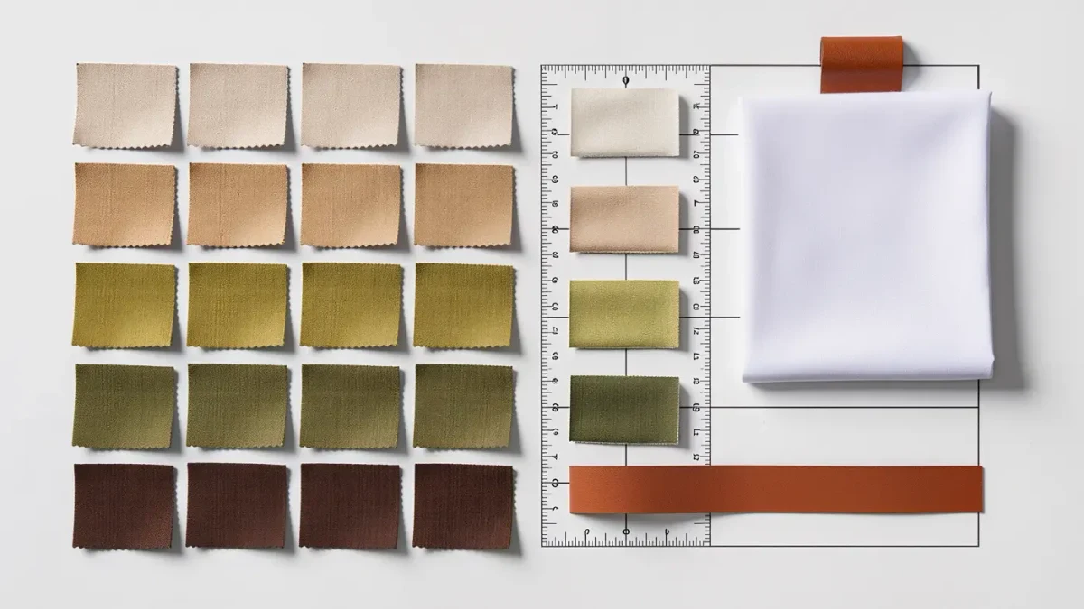 Clean editorial infographic flat lay of a Virgo season mood board with oat, olive and paper-white swatches and neat labels