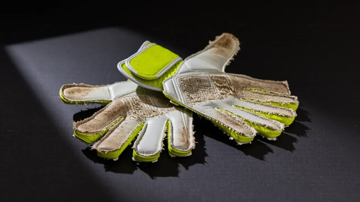 Studio close-up of worn goalkeeper gloves